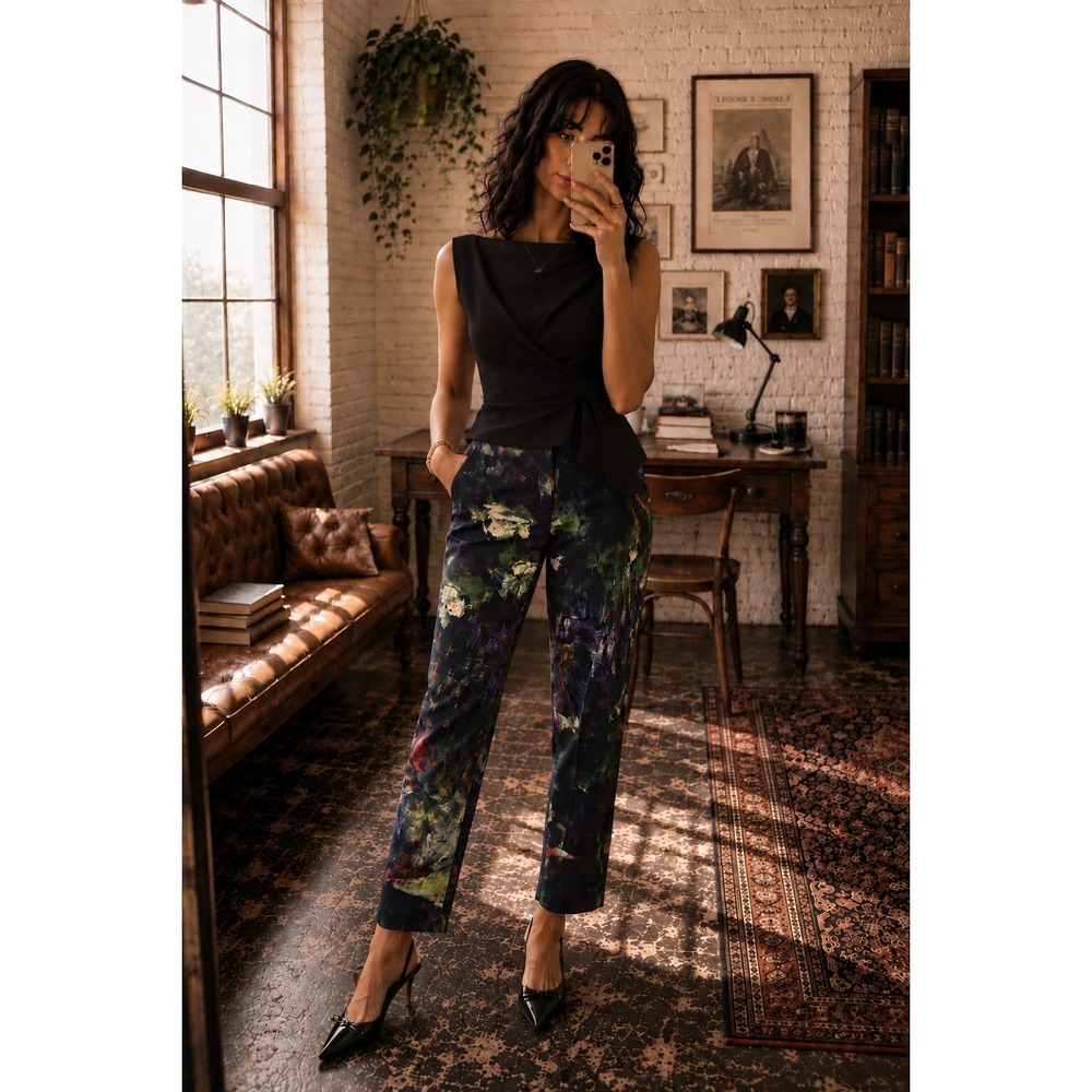 Lela Rose Floral Impressionist Oil Paint Print Ankle Trousers Navy Multi Size 0